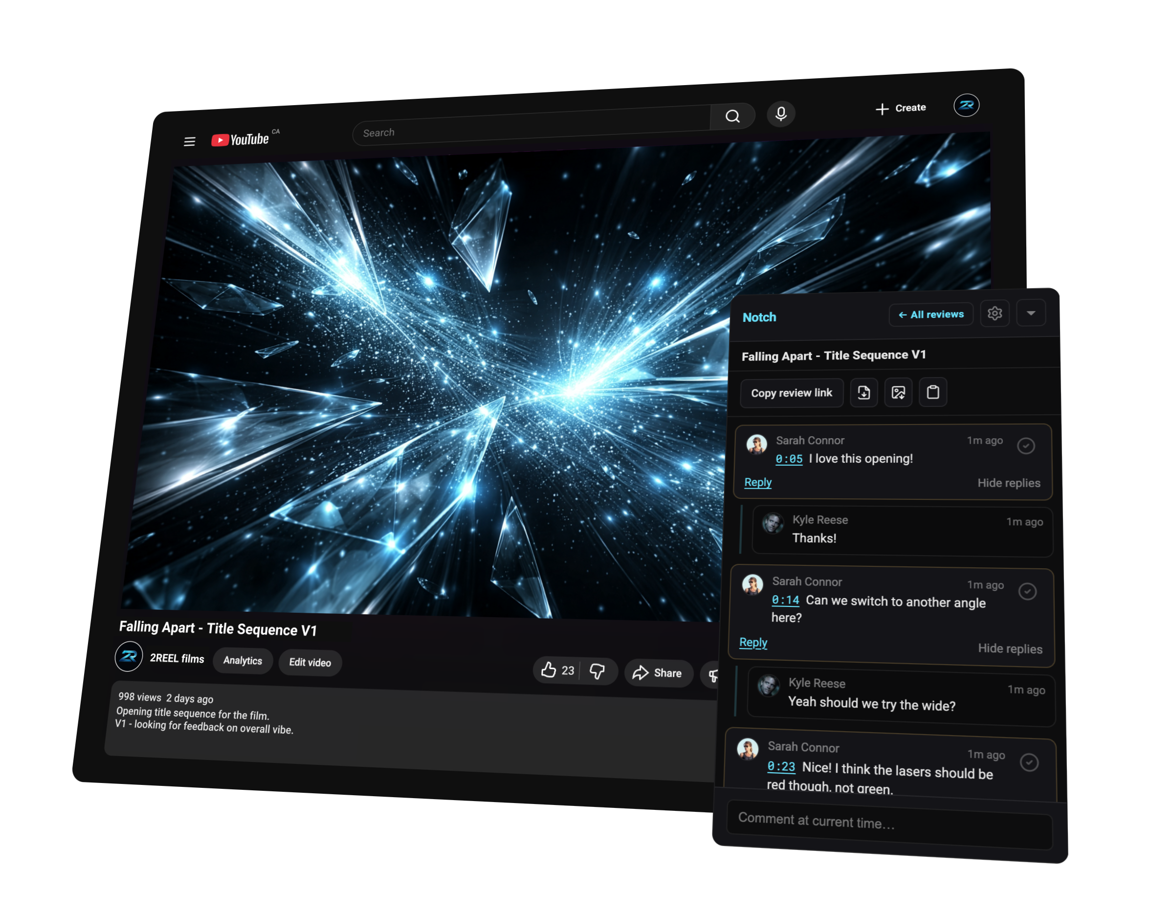 Notch sidebar showing timestamped review comments alongside a YouTube video